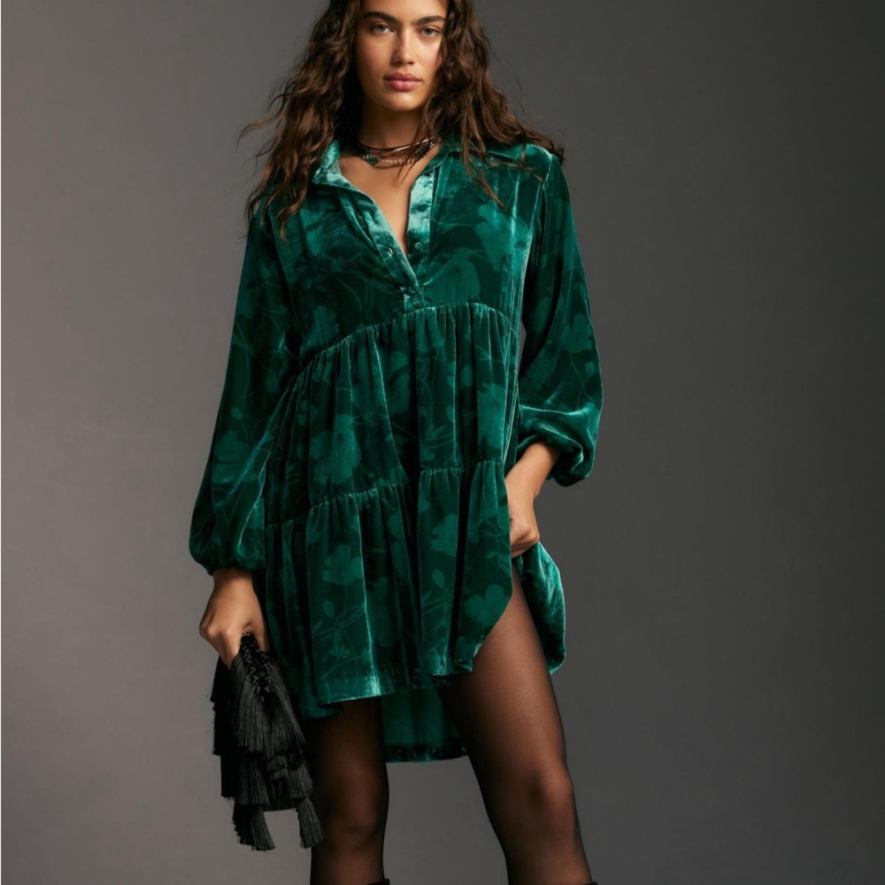 NEW NWT Anthropologie Bettina Tiered Velvet Dress, Green, Size M
